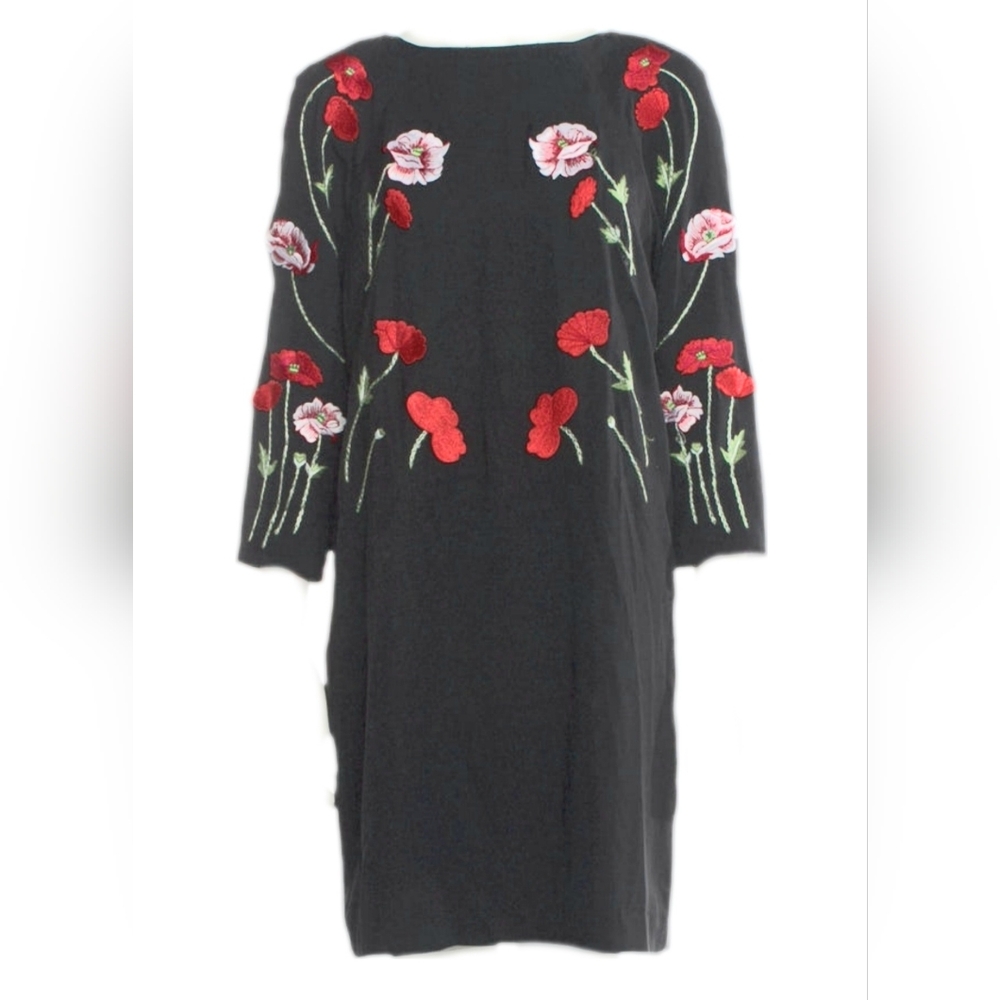 ♧$3,700 OSCAR DE LA RENTA BLACK SILK FLORAL EMBROID RUNWAY DRESS US 6